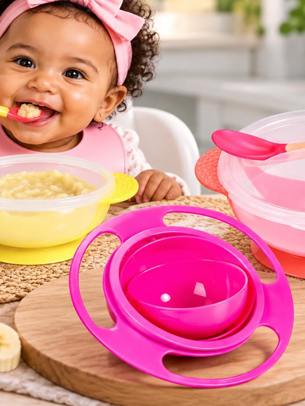 3-Piece Baby Feeding Bowl Set with Spoons & Rotating Spill-Resistant Bowl - Picture 2 of 3